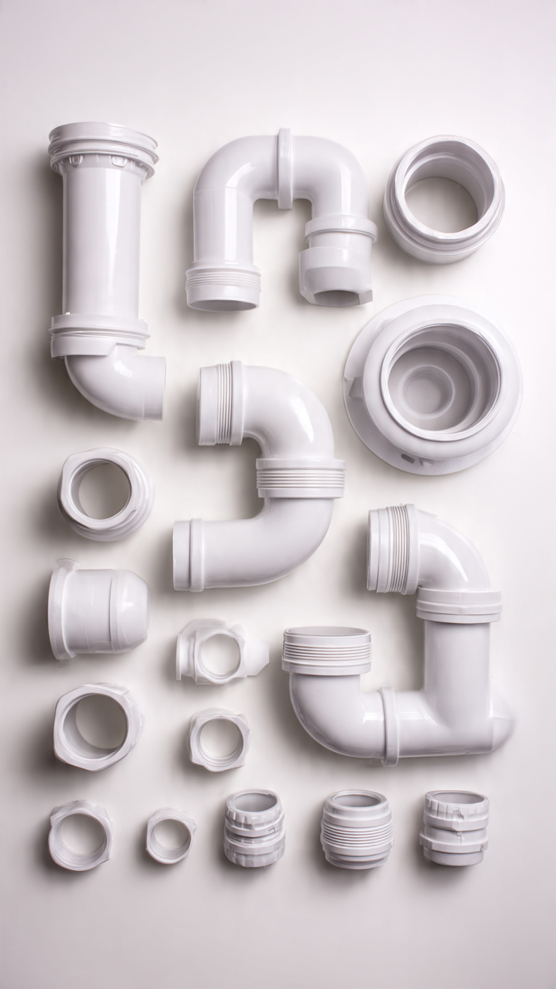 White PVC pipes, elbows, couplings and fittings arranged on a light background