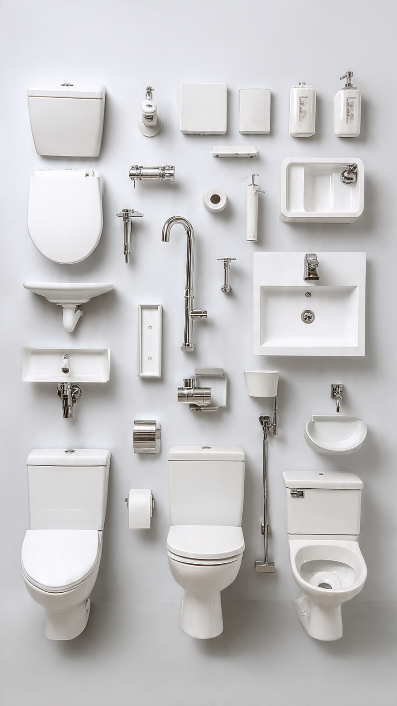 Ceramic toilets, wash basins, faucets and bathroom fittings