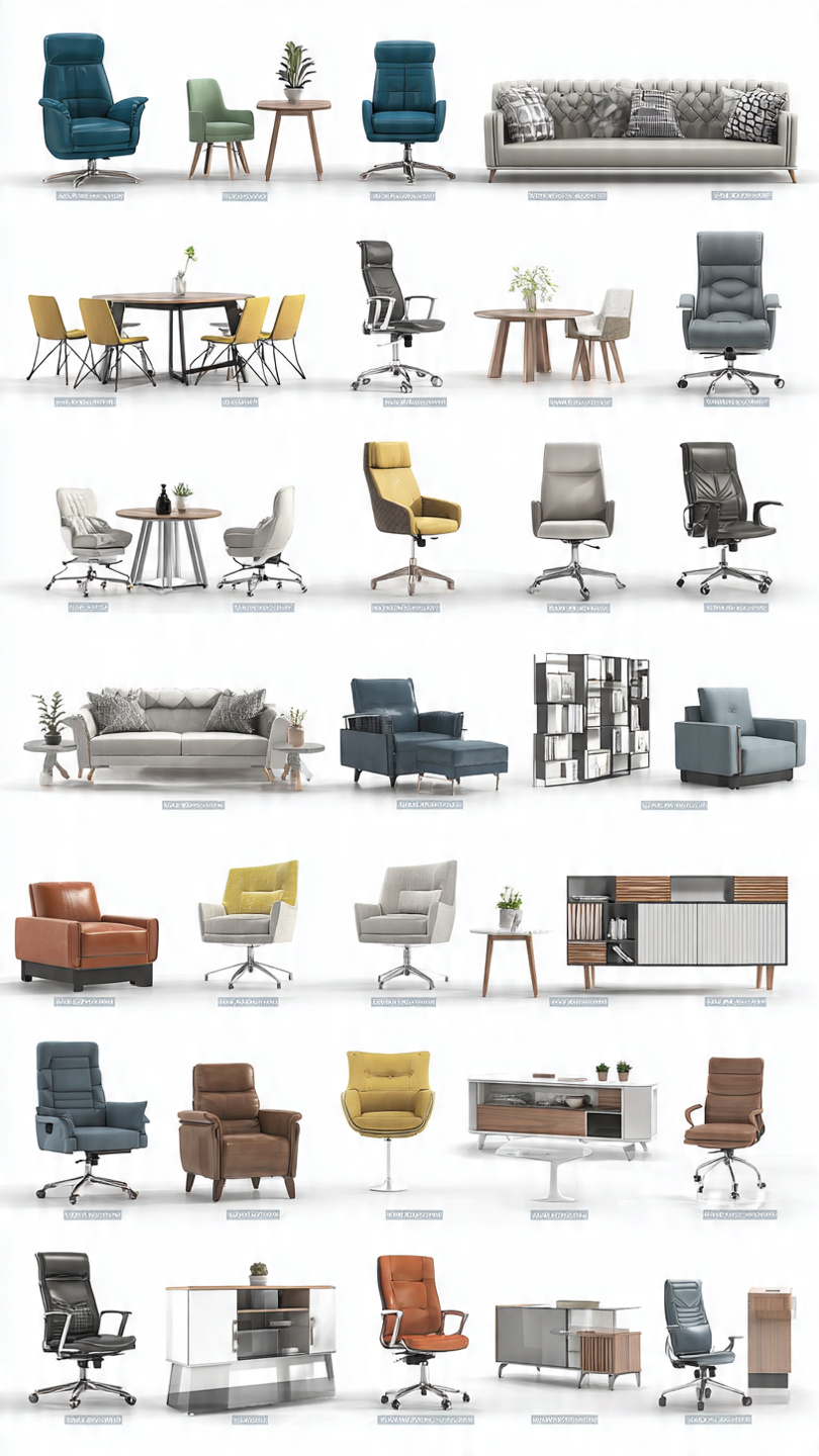 Office chairs, desks, sofas and dining sets from a Turkish furniture catalogue