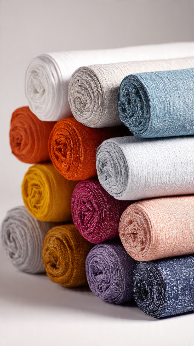 Stacked rolls of coloured fabric in a Turkish textile mill