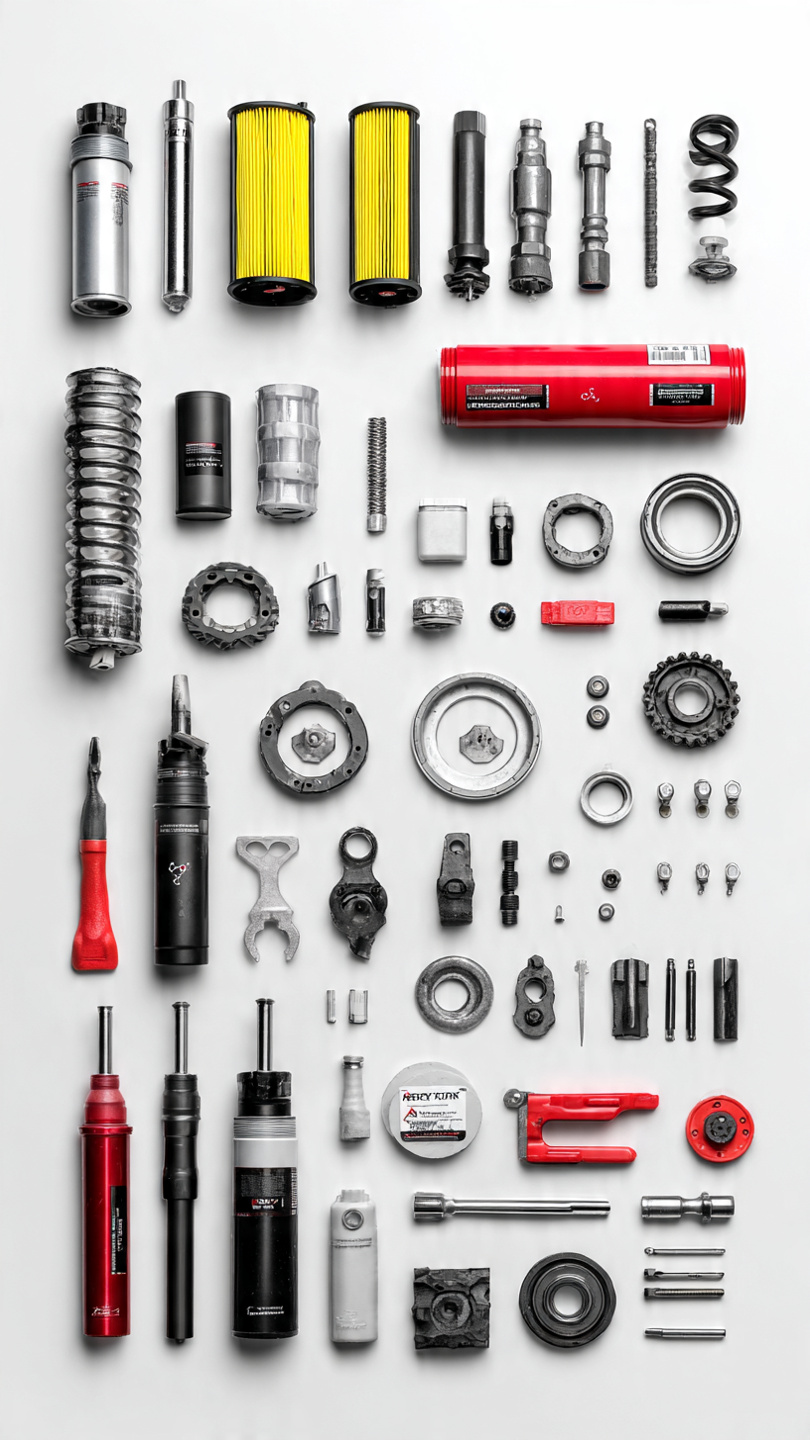 Automotive spare parts including filters, bearings, tools and suspension components
