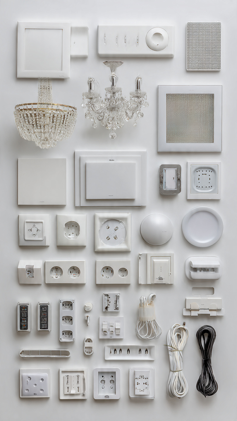 LED panels, chandeliers, switches, sockets and electrical cable laid out on a white surface