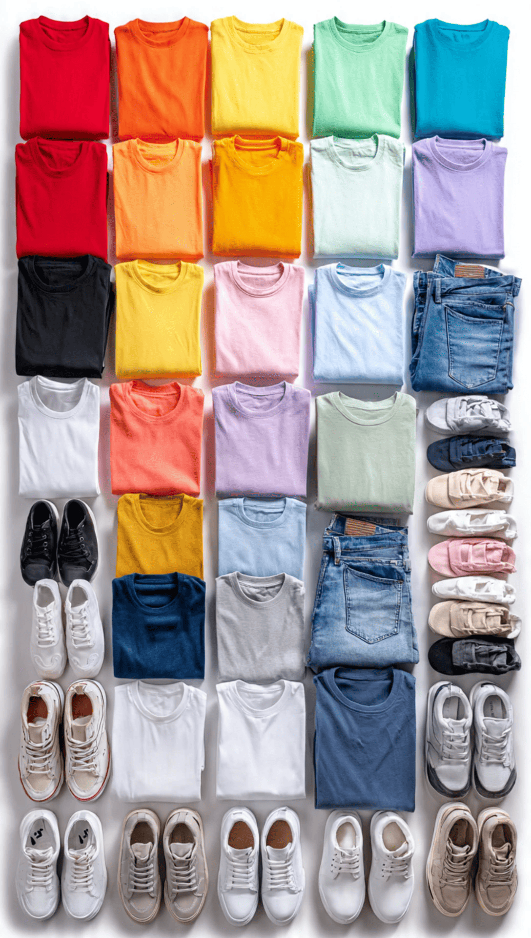 Folded wholesale t-shirts, jeans and shoes arranged on a white background