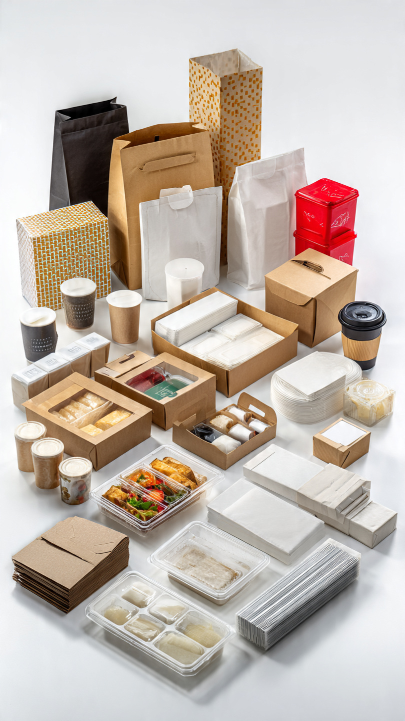 Kraft boxes, paper bags, coffee cups and food containers arranged on a white background