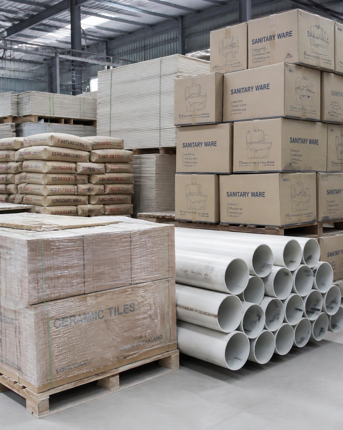 Construction materials including tiles, cement and PVC pipes stacked in a warehouse