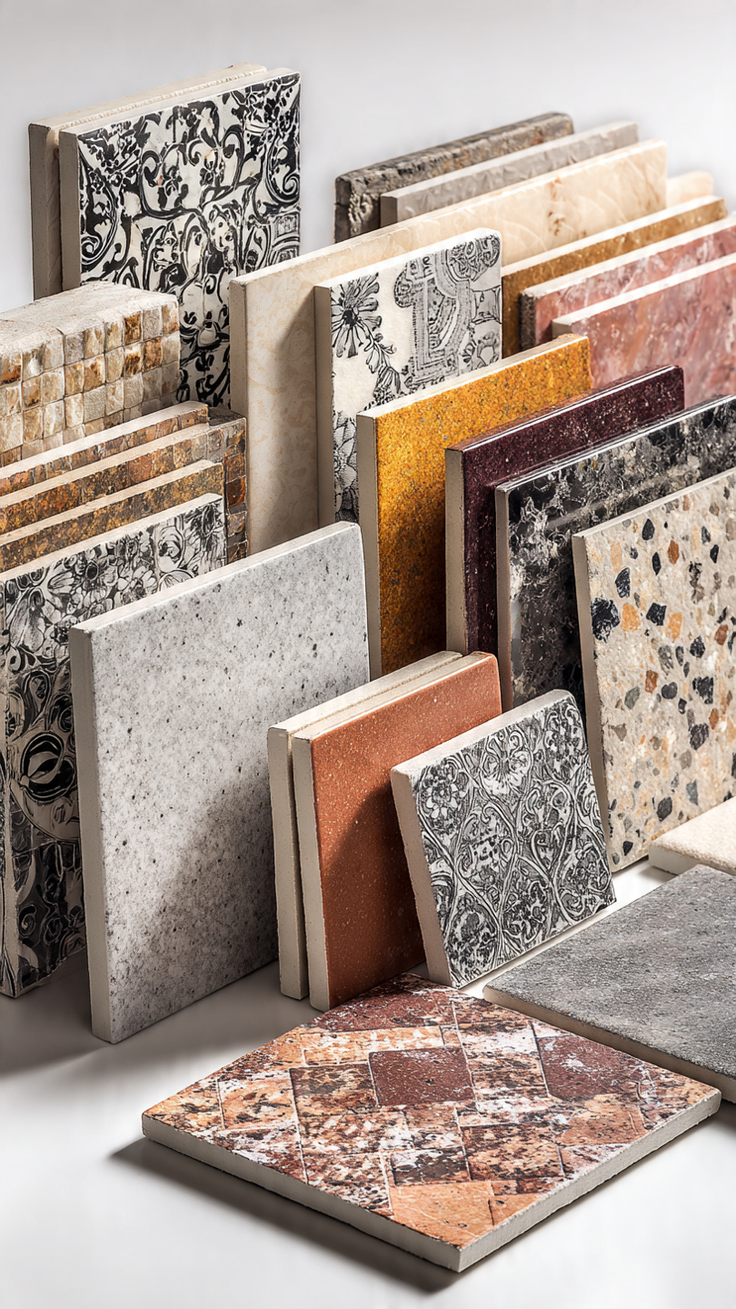 Ceramic floor and wall tile samples in marble, terrazzo and patterned finishes